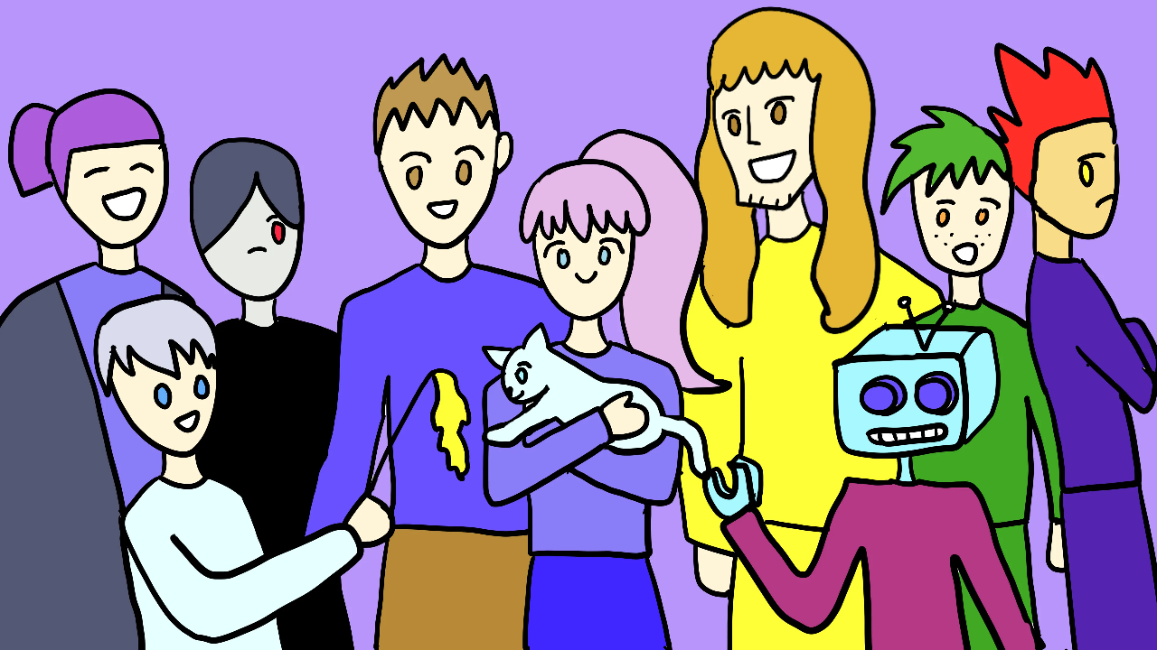 The Kuso Romantica cast: eight characters and a robot standing together on a purple background, one of them holding a white cat.