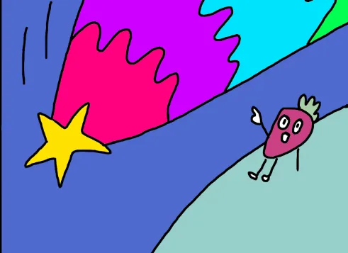 A shooting star with a yellow head and a pink, purple and cyan rainbow tail streaks across a blue sky, while a startled cartoon strawberry with stick legs waves from a pale green hill.