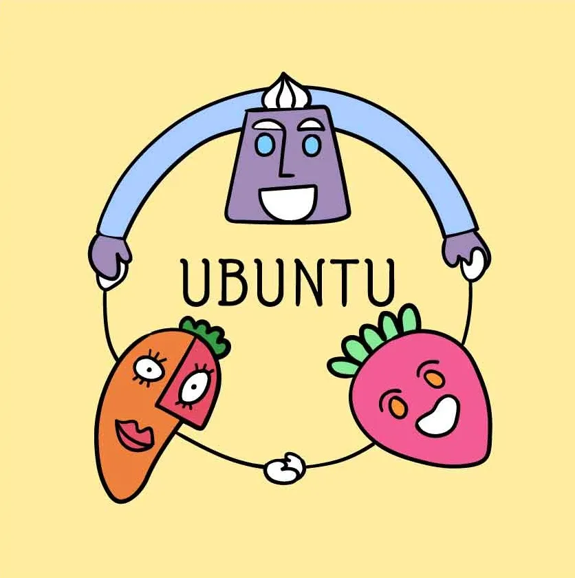 Ubuntu：一張微笑的紫色臉、一張橘紅色的臉和一顆粉紅色草莓手牽手圍成一個圓。