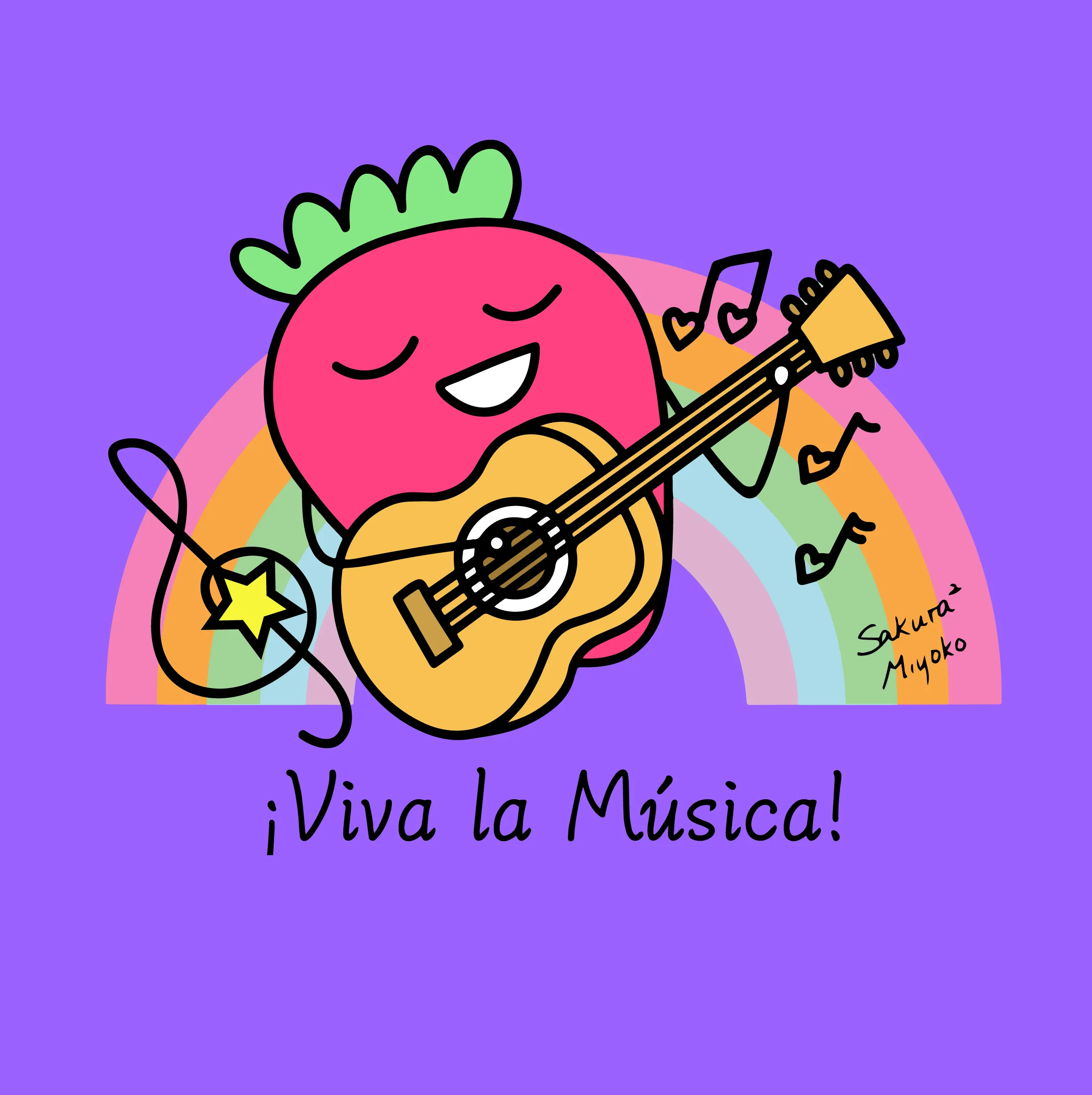 ¡Viva la Música!: a smiling strawberry plays a guitar in front of a rainbow, surrounded by music notes, on a purple background.